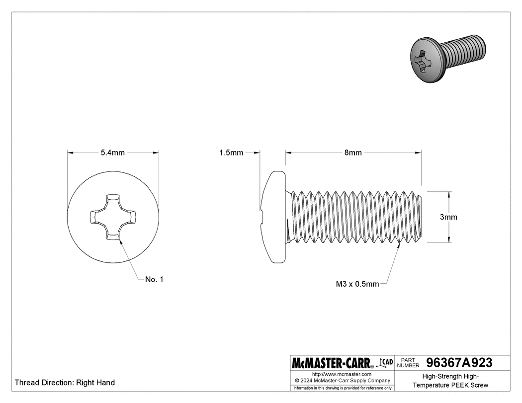 Technical Drawing of High-Strength High-Temperature PEEK Screw, Pan Head Phillips, M3 x 0.5 mm Thread Size, 8 mm Long.
